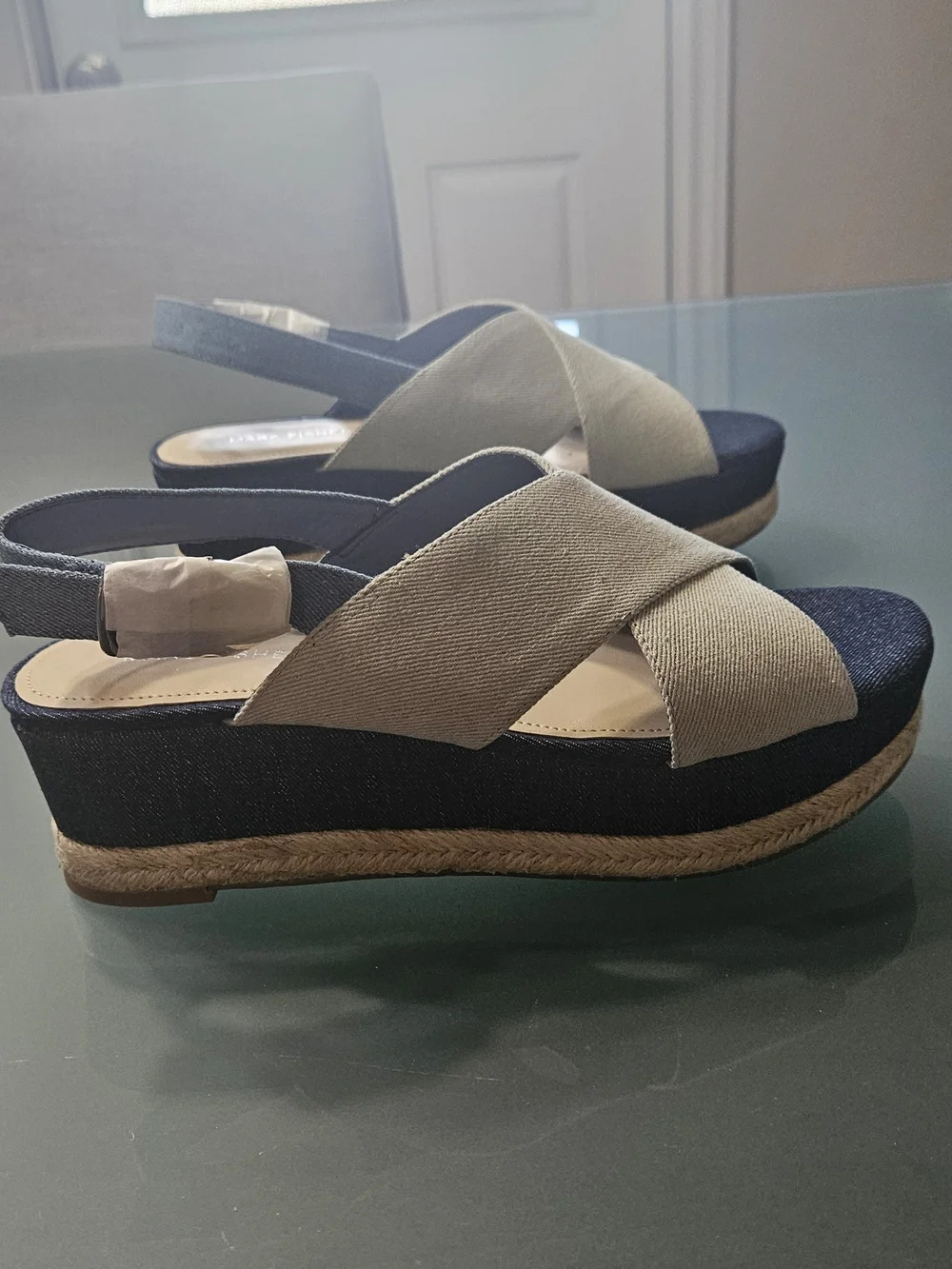 Marc Fisher Navy and Beige Crisscross Espadrille Wedge Sandal